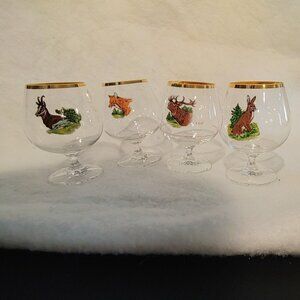 Vintage Wildlife Forest Brandy Snifter Glasses Gold Rim Set of 4